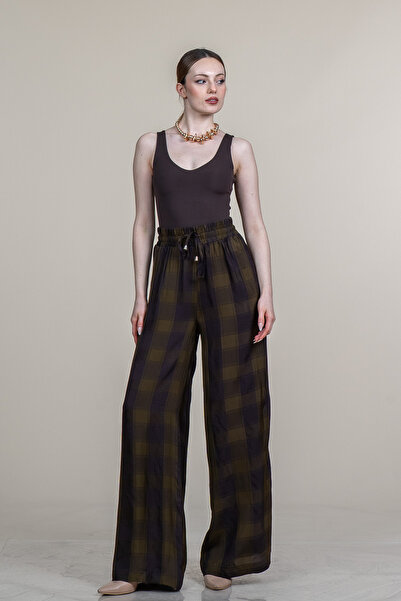 MissVina Plaid Patterned Wide Leg Trousers with Elastic Waist 30377