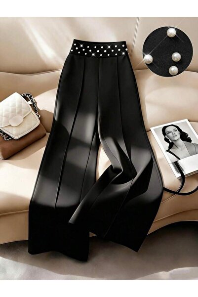 nathia outdoors Ψηλόμεσο γυναικείο παντελόνι Palazzo με λεπτομέρεια από πέρλες