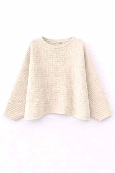 Mixray 7011 Women's Asymmetrical Textured Patterned Knitwear Sweater Natural
