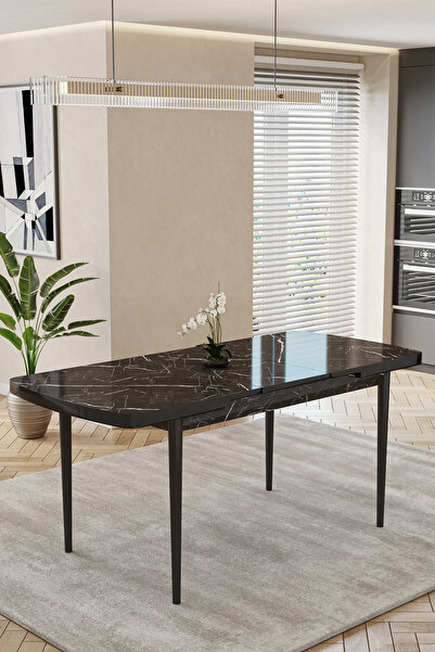 baresmu Barmas Mutfak Masası 80x132 cm MDF Tabla | Siyah/Beyaz Metal Ayak | M...