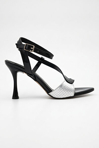 Shoesers Women's Black Patent Leather Design Silver Crocodile Detailed Thin H...