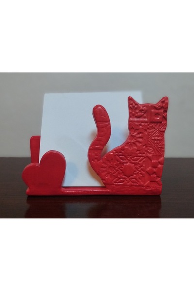 KEDİ Temalı Kırmızı Kartvizitlik ve Not Kağıdı Tutucu