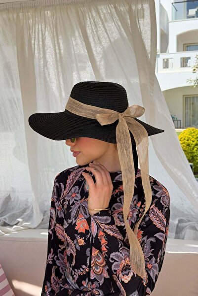 Hazamoda Ψάθινο καπέλο μαύρο με φιόγκο