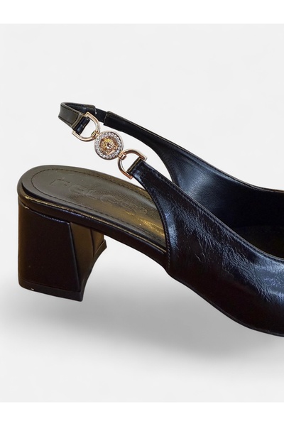 RMY SHOES Women's Premium Patent Leather Heeled Shoes with Gold Detailing Classic Elegance