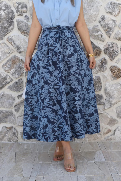 bytugcekaya Blue Patterned Gabardine Flared Skirt with Pockets