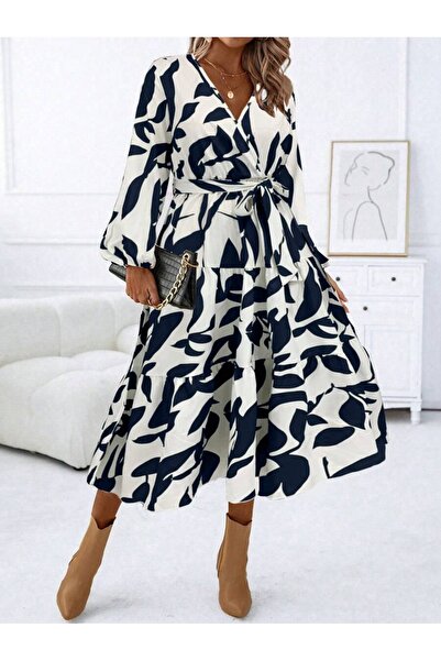 Iuliashop Radha White Midi Dress with Navy Blue Print - XS
