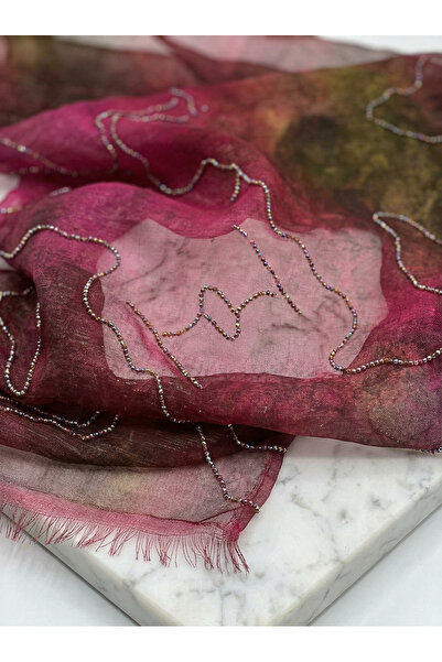 METERİAL Dark Fuchsia Pink Sheer Chiffon Fabric with Glitter Beads - 3.25 Met...