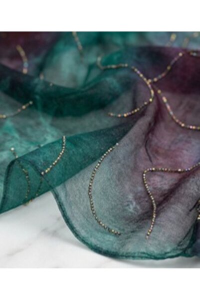 METERİAL Emerald Green and Purple Tie Dye Chiffon Fabric with Gold Beads - 3....