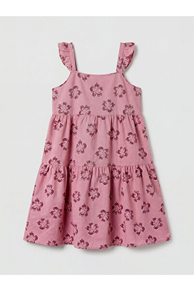 LC Waikiki LCW Kids Ροζ Φλοράλ Φόρεμα για Κορίτσια με Τετράγωνο Γιακά