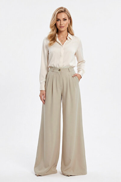 LEY COLLECTİON Γυναικείο παντελόνι με φαρδιά μπατζάκια, διπλό πλισέ και ελαστ...