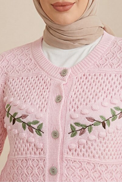 Modamorfo Buttoned Front, Embroidered, Openwork Knitwear Cardigan - Pink