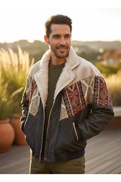 CANMODA (7911) Recien Unisex Fur Collar Vintage Aztec Jacket Oversize 90S Coa...