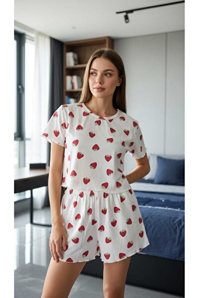 GİYDİNGİYDİN Kadın Çilek Desenli Kısa Kol Şort Bambu Pijama Takımı