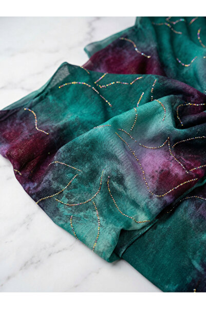 METERİAL Emerald Green and Dark Purple Tie Dye Chiffon Fabric with Beads - 3....