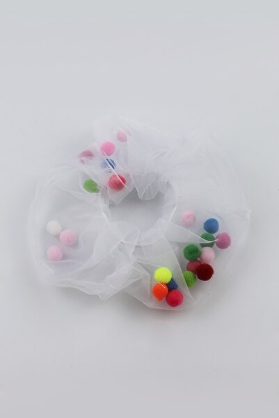 İLKYAZ Pompom Tulle Fabric Children's Rubber Buckle for Kids - White