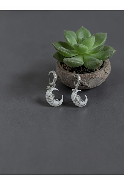 ahsenaksesuar2025 White Moon Motif Enamel Stone Silver Color Dangle Steel Ear...
