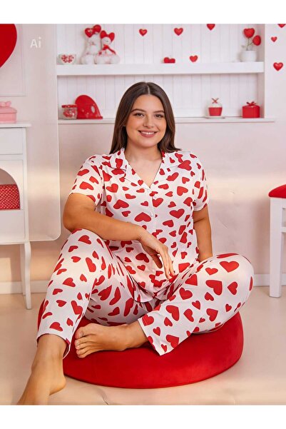 NiCe İç Giyim Plus Size White Color Hearted Shirt Collar Buttoned Short Sleev...