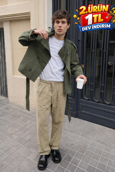 DAMGA JEANS Men's Trend Low Waist Loose Beige Linen Trousers