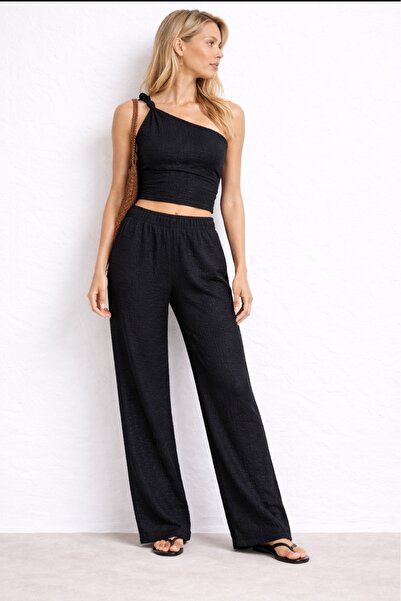 Xenthe Kadın Tek Omuz Bubble Gofre İkili Takım Geniş Paça Pantalonlu Crop
