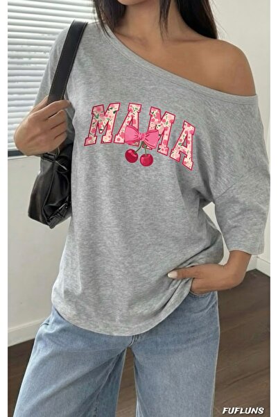 FUFLUNS MAMA CHERRY Τυπωμένο Oversize Γυναικείο T-shirt με λαιμόκοψη καγιάκ