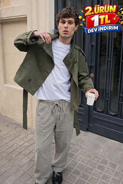 DAMGA JEANS Men's Trend Low Waist Loose Stone Linen Trousers