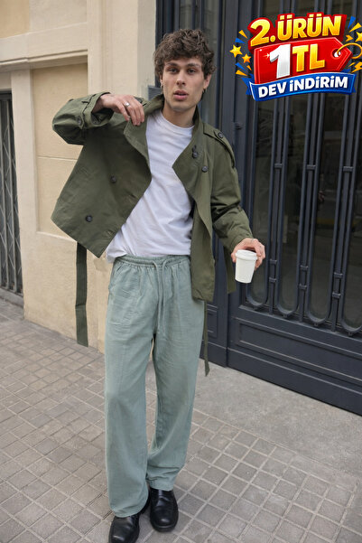 DAMGA JEANS Men's Trend Low Waist Loose S.Green Linen Trousers