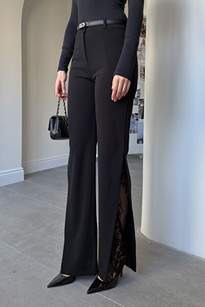 MAGARDE Παντελόνι με σχισμή και λεπτομέρεια δαντέλας - ΜΑΥΡΟ