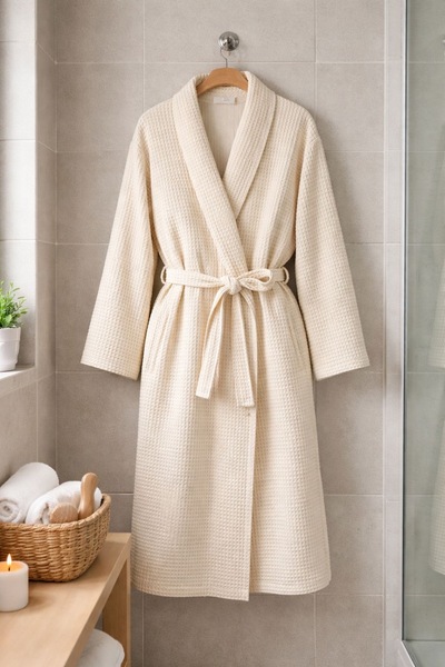 CES HOME Krem Waffle Kumaş %100 Pamuk Bornoz/Sabahlık