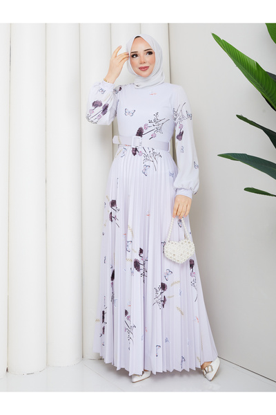 nisanurfashion Dijital Baskılı Buğday Desenli Beyaz Pliseli Elbise