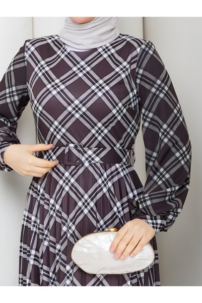 nisanurfashion Digital Printed Plaid Patterned Brown Pleated Dress