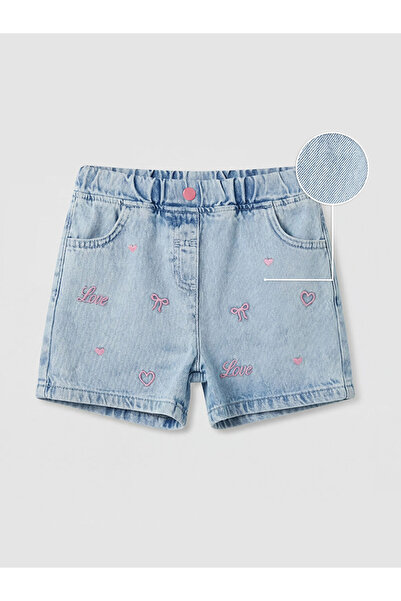 LC Waikiki LCW KidsMavi Beli Lastikli Nakışlı Kız Çocuk Jean Şort