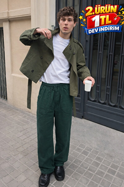 DAMGA JEANS Men's Trend Low Waist Loose K.Khaki Linen Trousers