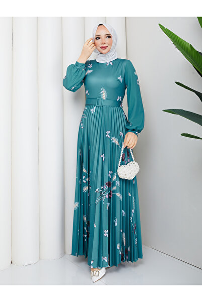 nisanurfashion فستان مطوي باللون الأخضر النعناعي مع نقشة القمح المطبوعة رقميًا