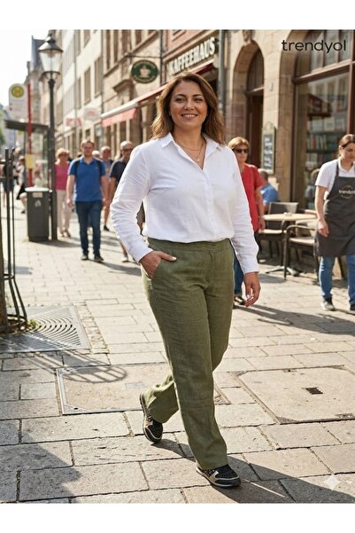 aryam butik Γυναικείο λινό παντελόνι μεγάλου μεγέθους, άνετη εφαρμογή, καθημε...