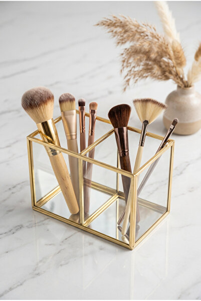 EsaDesign 2-Compartment Makeup Brush Holder Organizer with Glass and Brass Fr...