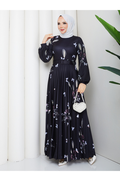 nisanurfashion Dijital Baskılı Buğday Desenli Siyah Pliseli Elbise