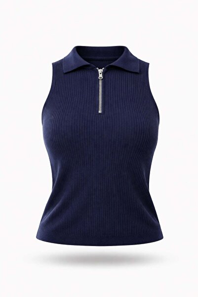 5in1Canpolat Navy Blue Half Zipper Detailed Knitwear 5170