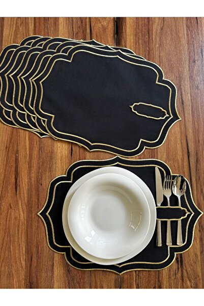 NURHAN HOME COLLECTION 6 τεμάχια διπλής σειράς χρυσοκέντητο μαύρο λινό ύφασμα...