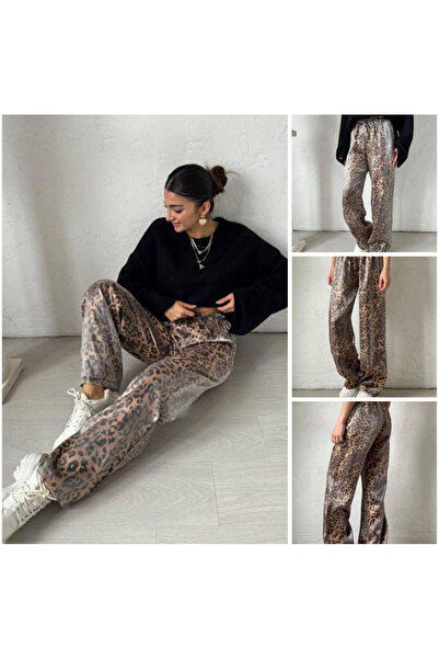 Royteks Fashion Kadın Leopar Desenli Lastikli Bol Paça Parlak Şık Kahverengi ...