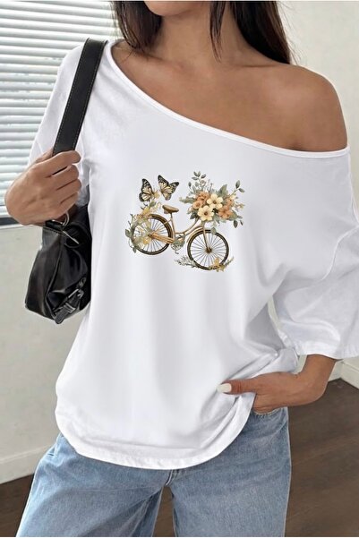 FUFLUNS Oversize Women's Boat Neck T-Shirt with Flower and Bicycle Print