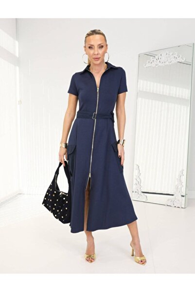LOKADI Zippered Belted Midi Dress with Cargo Pockets