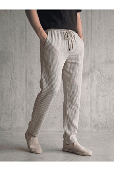 Oksit بنطلون لانز الرجالي من القطن الموسلين |   قصة مريحة، خصر مطاطي ورباطات.