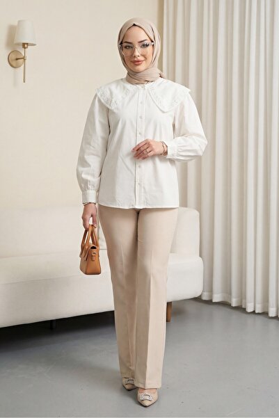 HİJABAYA στρογγυλός γιακάς Δαντέλα Λεπτομερές πουκάμισο με κουμπιά Ποπλίνα