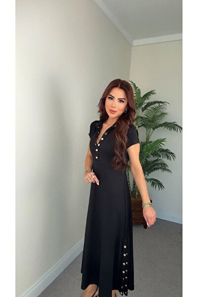 LOKADI Side Button Detailed Polo Collar Ribbed Midi Dress