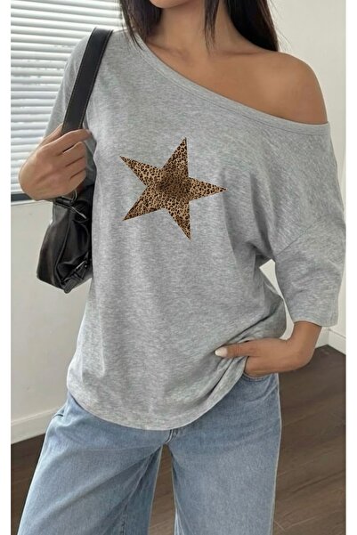 FUFLUNS ΓΥΝΑΙΚΕΙΟ T-SHIRT ΜΕ ΛΕΟΠΑΡ ΣΧΕΔΙΟ ΚΑΙ ΣΤΑΜΠΑ ΑΣΤΕΡΙΩΝ, OVERSIZE, ΜΕ ...