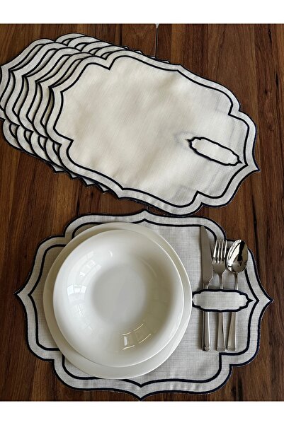 NURHAN HOME COLLECTION 6 τεμάχια διπλής σειράς, μπλε ναυτικό, κεντημένο εκρού...