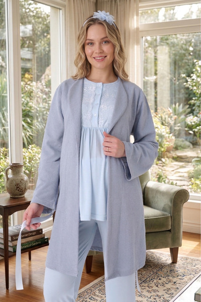 Lohusa Homewear New Season Blue Maternity Shawl Collar Summer Lace Design Sho...