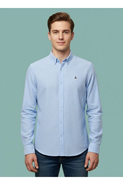 FUSARO Mavi %100 Pamuk Slim Fit Düğmeli Yaka Erkek Gömlek - Kolay Ütülenebili...