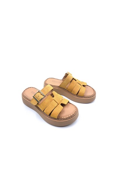 Bulldozer 4 cm Padded Sole Genuine Suede Leather Mustard Women's Comfort Slippers with Soft Insole