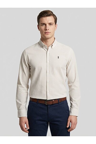 FUSARO Bej Slim Fit Düğmeli Yaka Erkek Gömlek